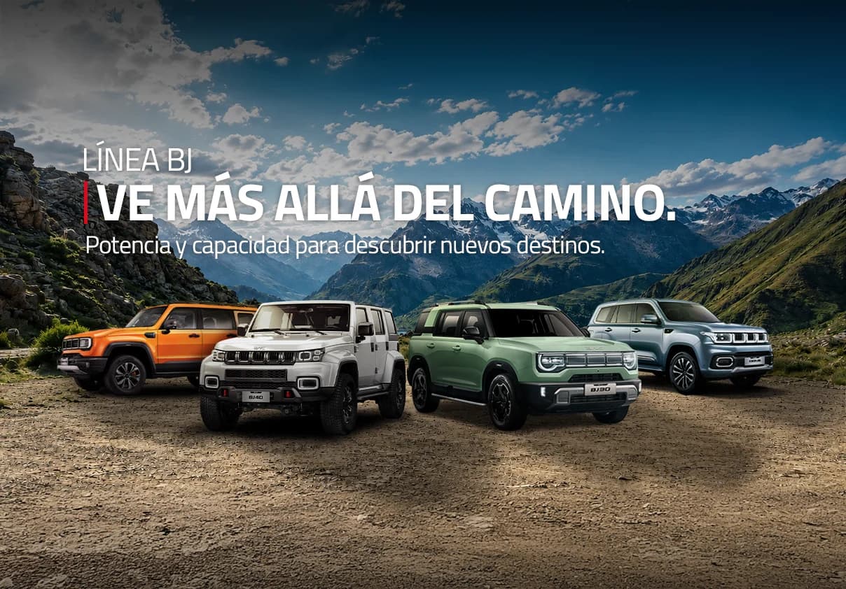Línea BJ de BAIC en la montaña, bajo el claim Ve más allá del camino