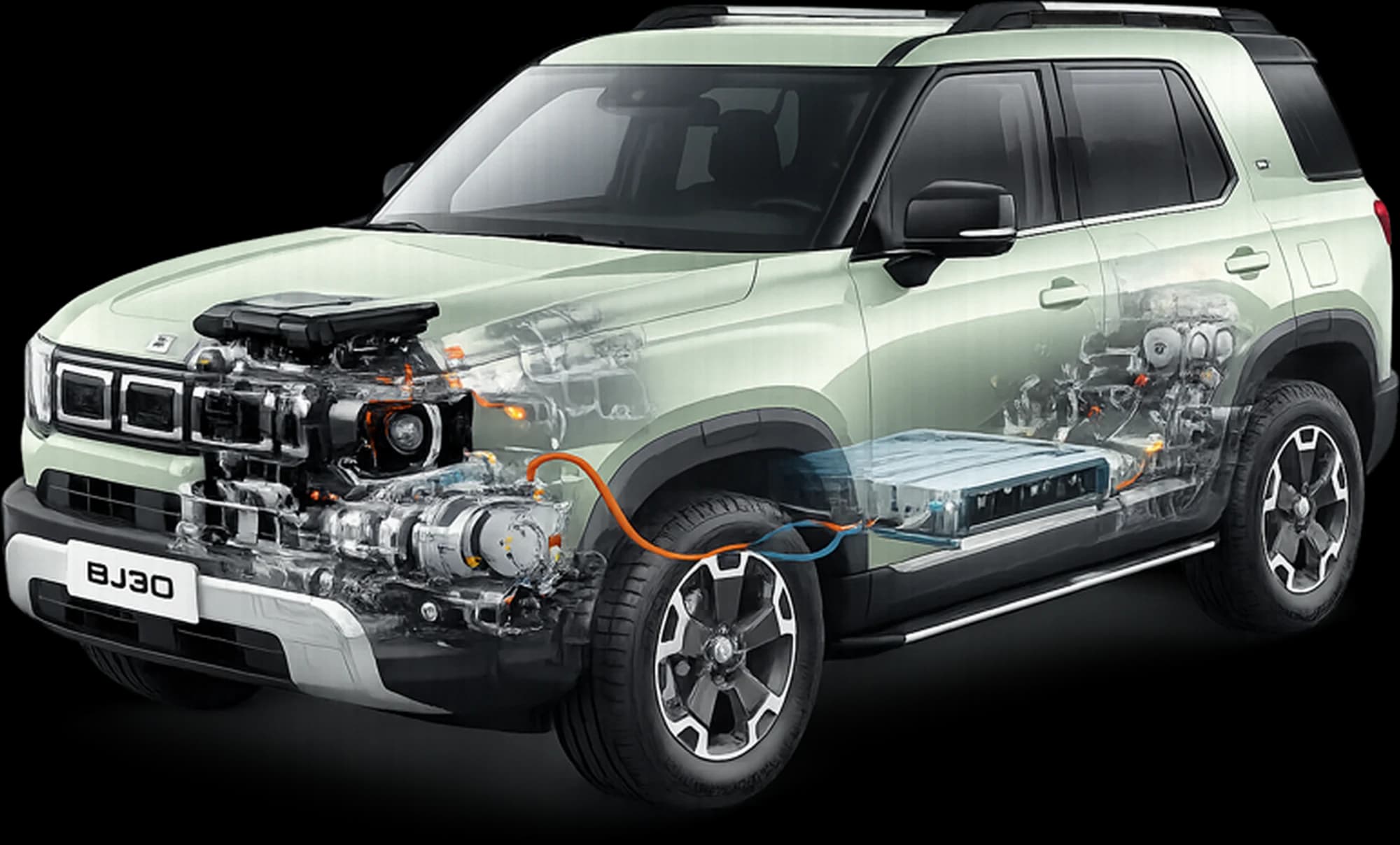 Corte del BJ30 HEV que muestra el motor a gasolina, el motor eléctrico y la batería del sistema híbrido