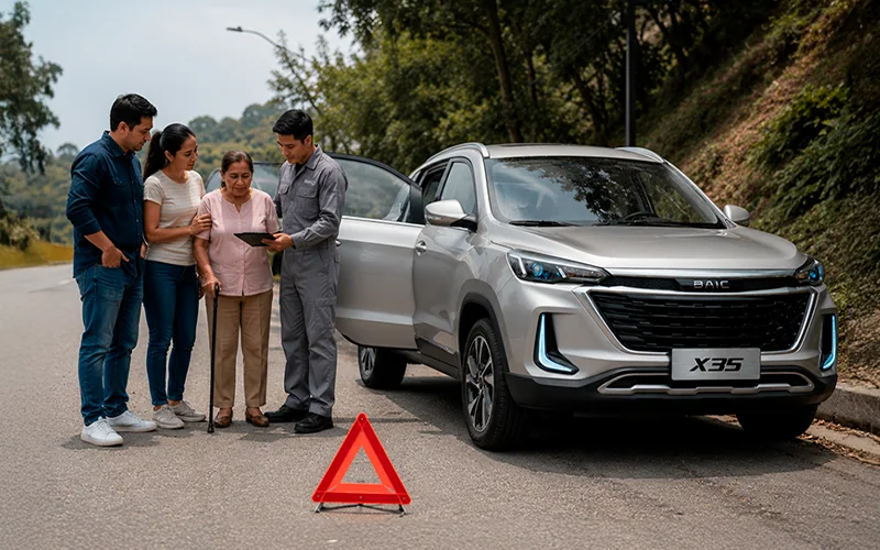 Técnico atendiendo a una familia en la carretera junto a un BAIC X35 con el triángulo de emergencia puesto