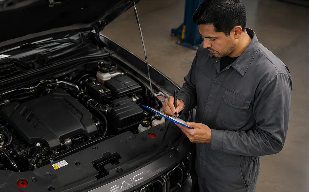 Técnico revisando el motor de un BAIC con la lista de mantenimiento en mano