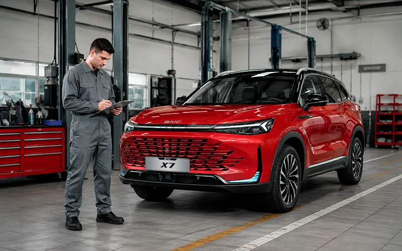 Asesor con tablet junto a un BAIC X7 rojo en el taller oficial