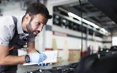 Técnico inspeccionando un vehículo en el taller